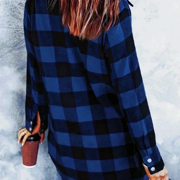 Blue Casual Women's Plaid Long Sleeve Loose Casual Blouse - Picture 3 of 3